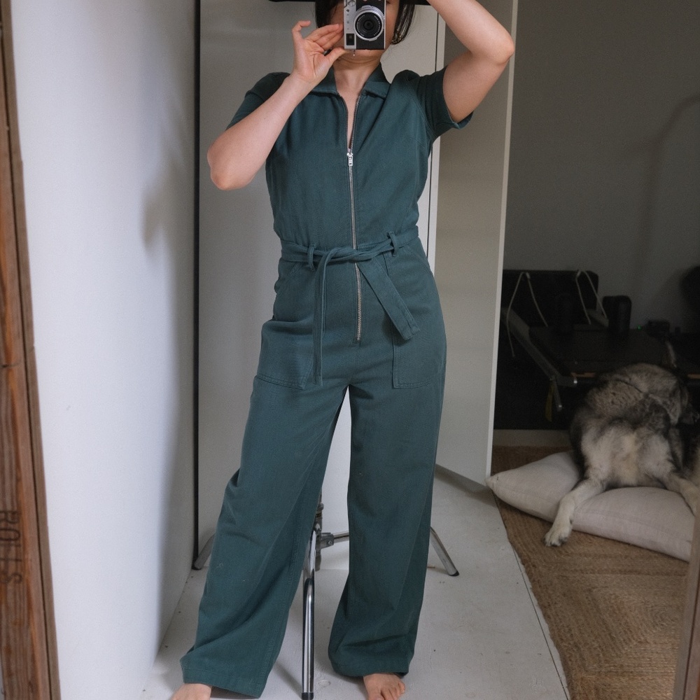 Reformation green denim jumpsuit